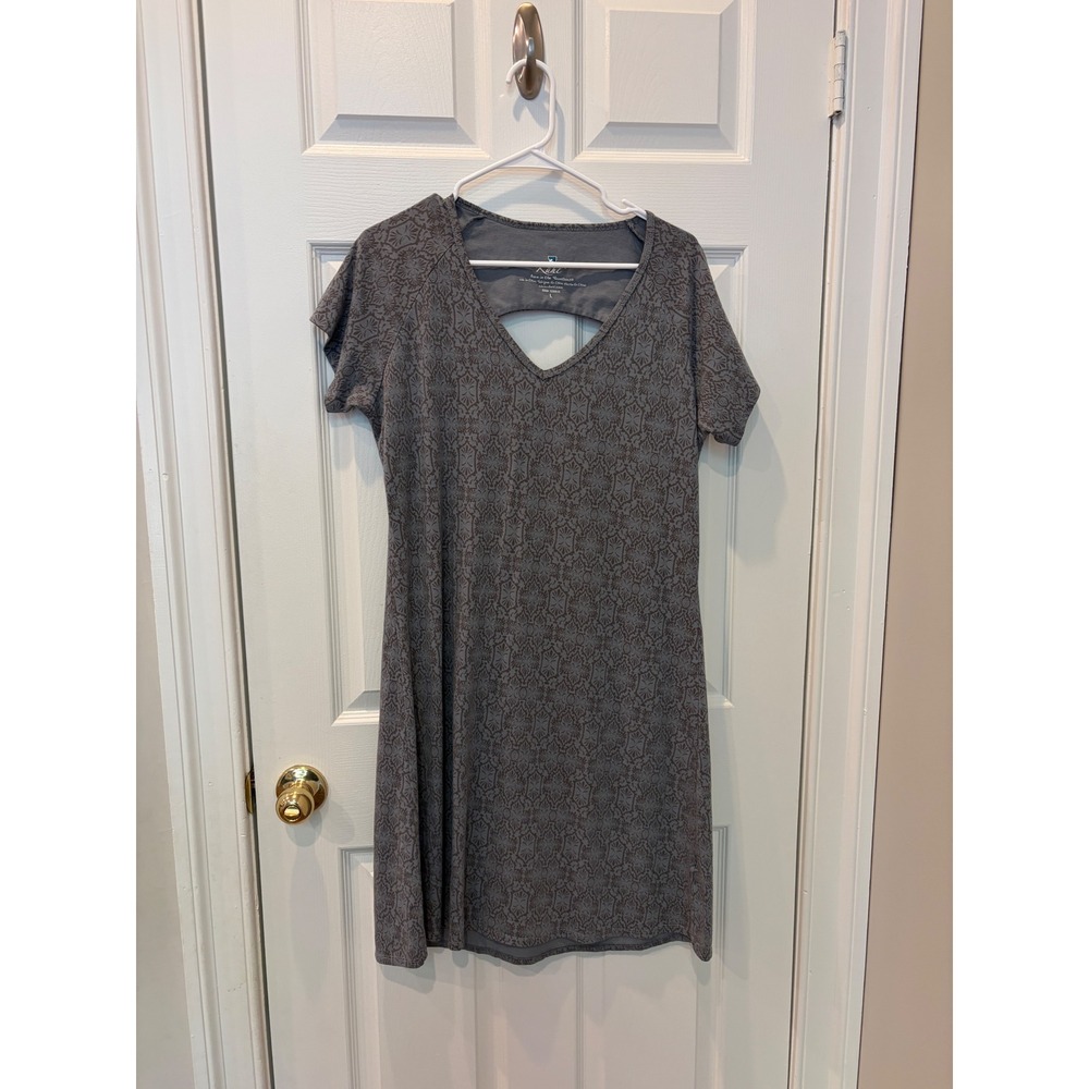 Kuhl Dress Womens Large Gray Damask Print V-Neck Cutout Back Short Sleeve A-Line
